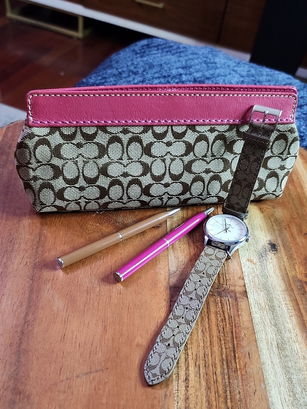 4pc. Coach Bundle Brown Signature Watch, Canvas Pouch/Pink Leather Trim, 2 Pens
